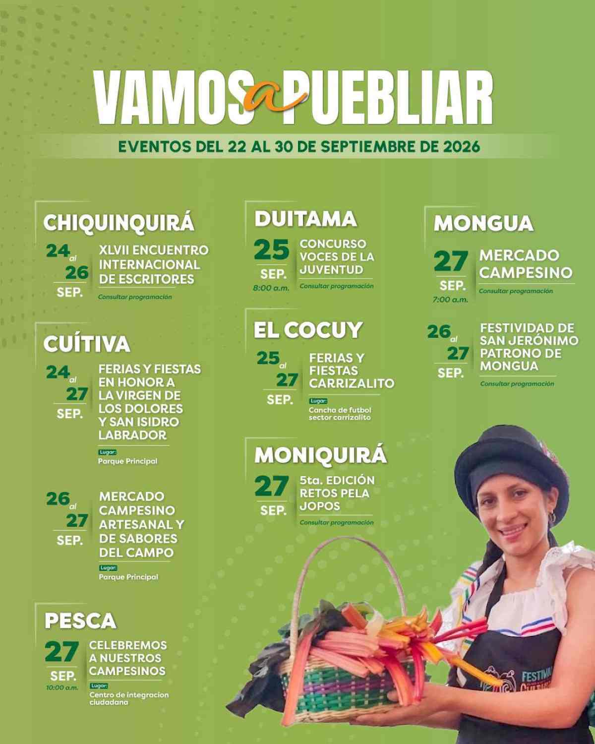 Piezas gráficas promocionales de la campaña Vamos a Puebliar por Boyacá del 22 al 30 de septiembre de 2026 con el listado de eventos culturales, gastronómicos y turísticos por municipios