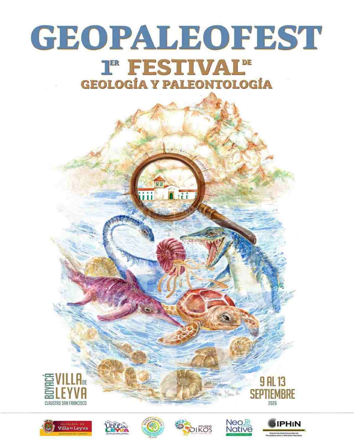 Afiche promocional del GeoPaleoFest 2026 en Villa de Leyva mostrando criaturas prehistóricas, fósiles y una lupa sobre la fachada del Claustro San Francisco