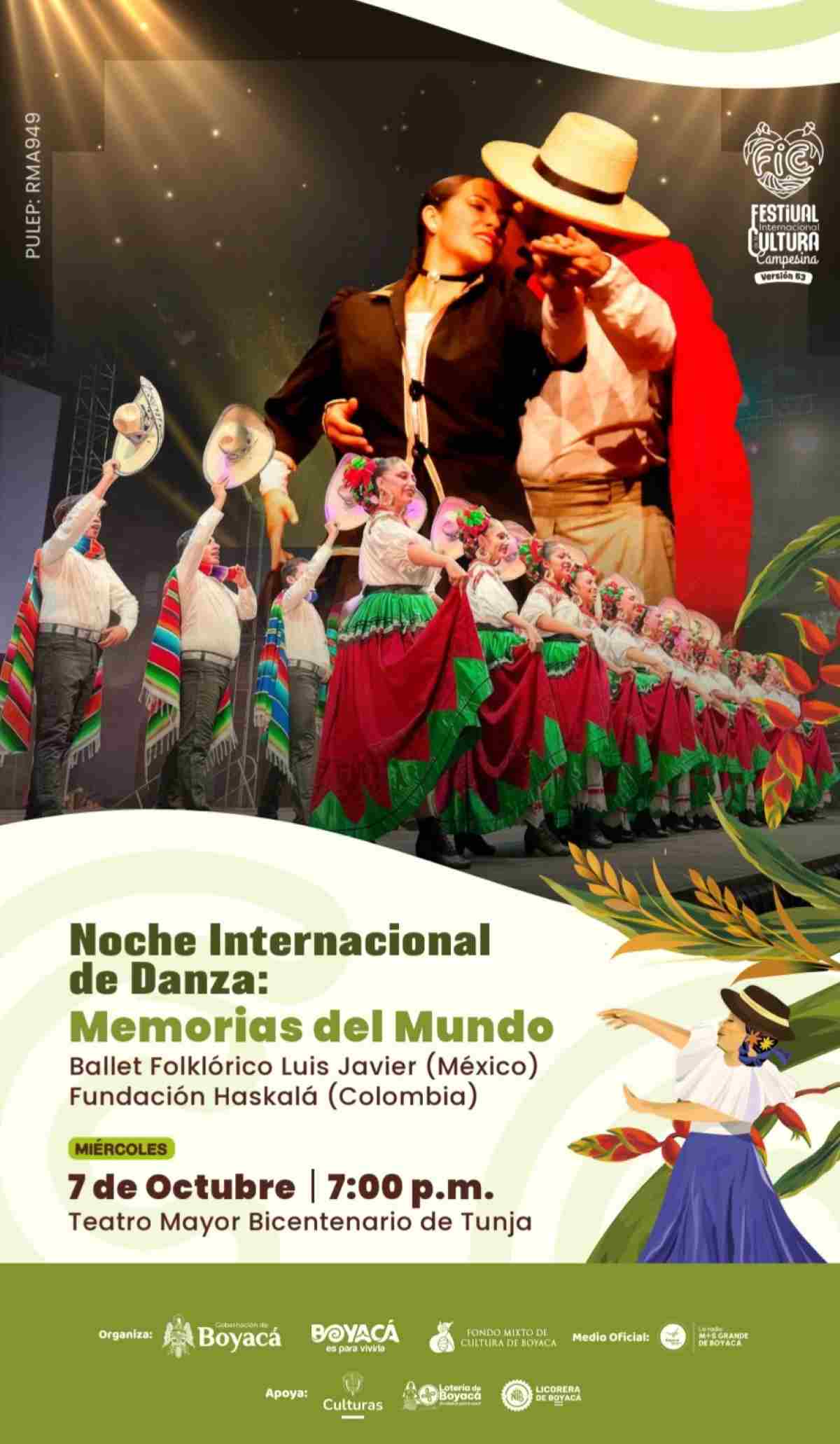 Afiche promocional de la Noche Internacional de Danza Memorias del Mundo con el Ballet Folklórico Luis Javier de México y la Fundación Haskalá de Colombia en el Teatro Mayor Bicentenario de Tunja