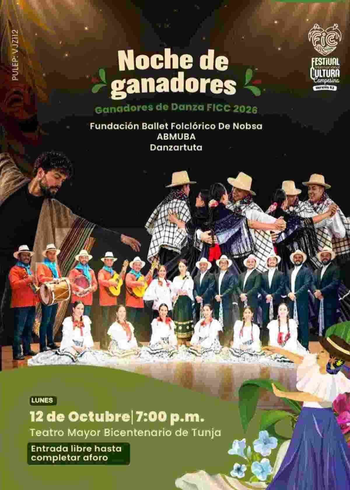 Afiche promocional de la Noche de Ganadores de Danza FICC 2026 con la Fundación Ballet Folclórico De Nobsa, ABMUBA y Danzartuta en el Teatro Mayor Bicentenario de Tunja