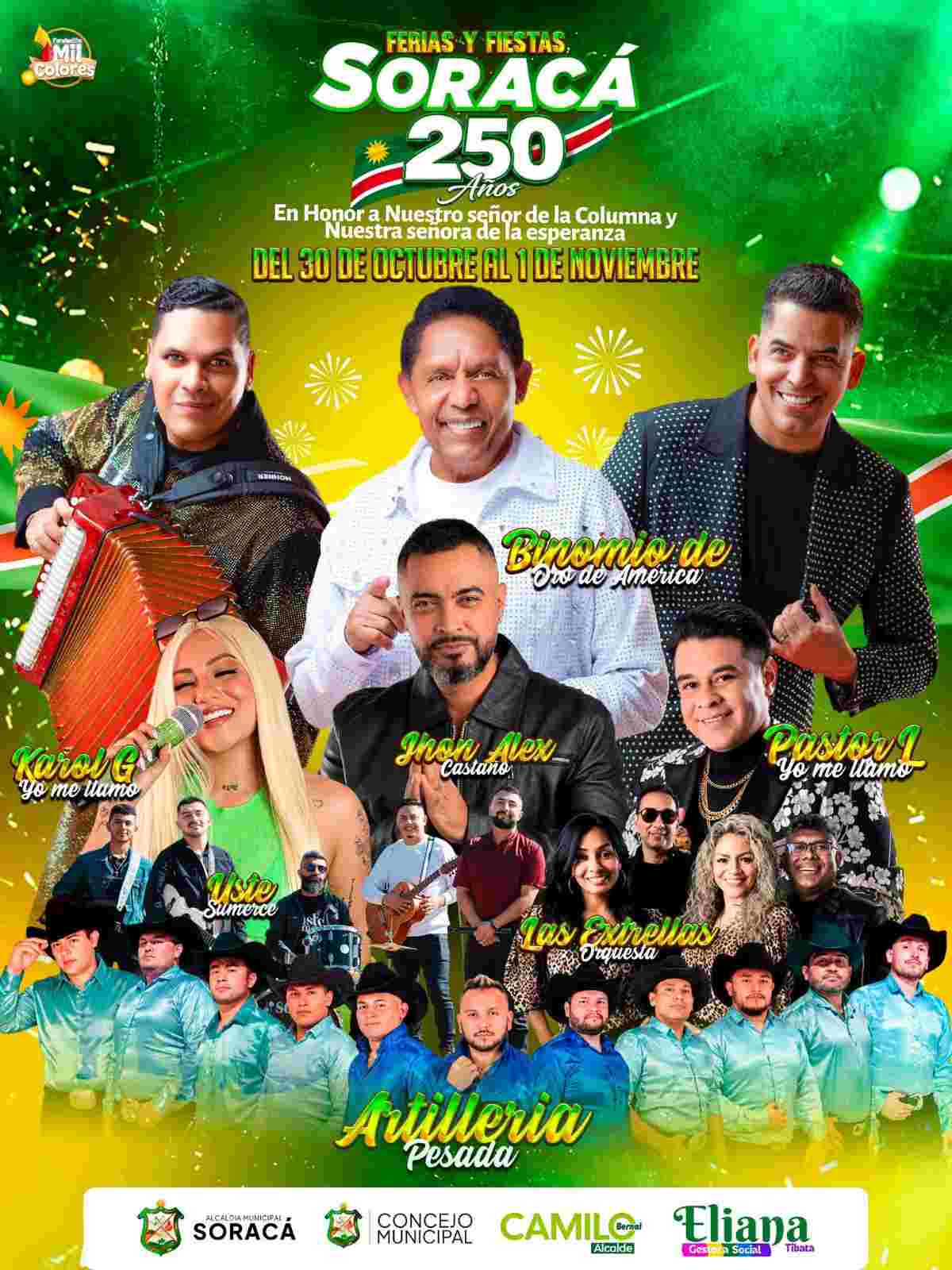 Afiche promocional de las Ferias y Fiestas Soracá 250 Años del 30 de octubre al 1 de noviembre de 2026 con El Binomio de Oro de América, Jhon Alex Castaño, Banda Artillería Pesada y Las Estrellas Orquesta