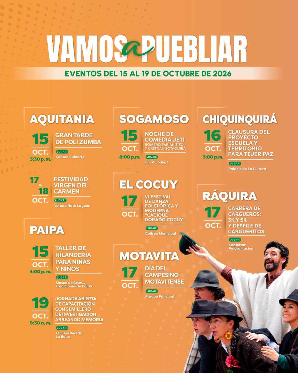 Infografía oficial de la agenda de eventos Vamos a Puebliar de la Secretaría de Turismo de Boyacá con la programación cultural y turística del 15 al 19 de octubre de 2026 en varios municipios del departamento