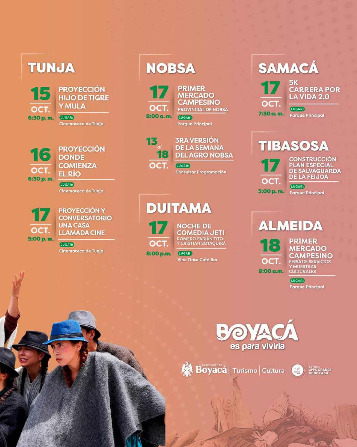 Infografía oficial de la agenda de eventos Vamos a Puebliar de la Secretaría de Turismo de Boyacá con la programación cultural y turística del 15 al 19 de octubre de 2026 en varios municipios del departamento