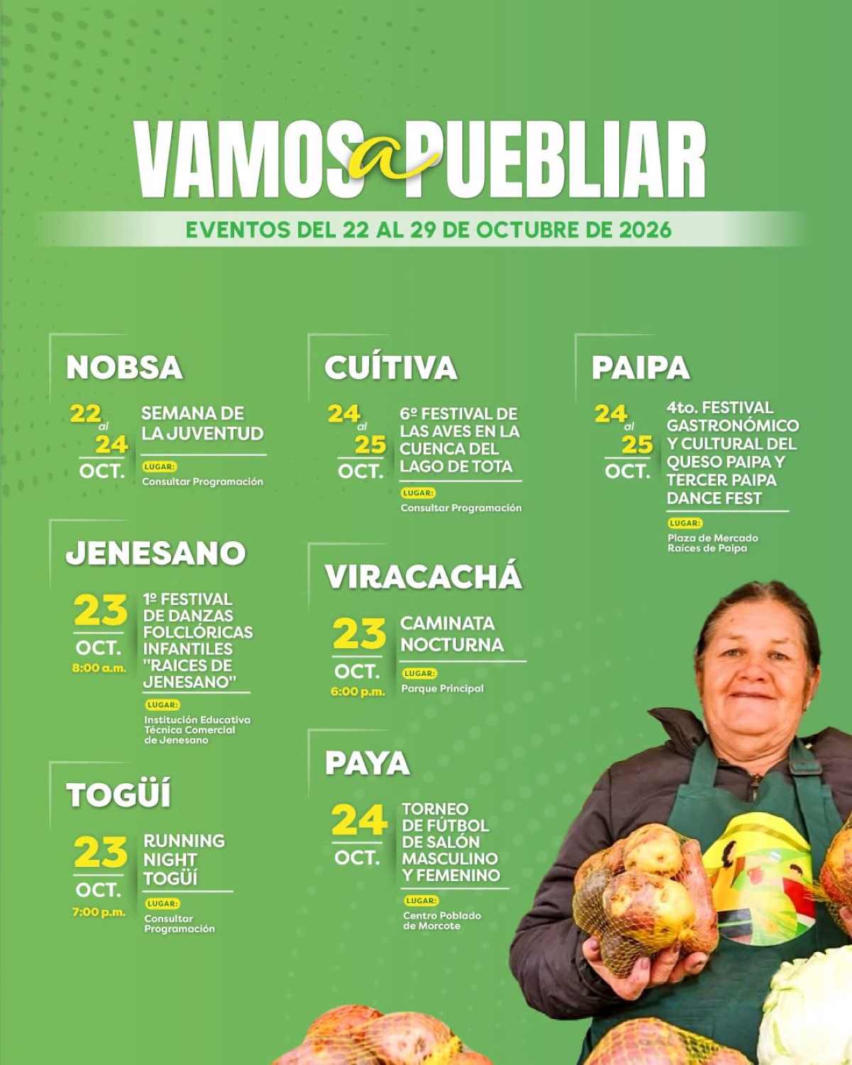 Agenda Vamos a Pueblear Boyacá del 22 al 29 de octubre 2026 Infografía oficial de la agenda de eventos Vamos a Puebliar de la Gobernación de Boyacá con la programación turística, deportiva y cultural del 22 al 29 de octubre de 2026 en varios municipios del departamento